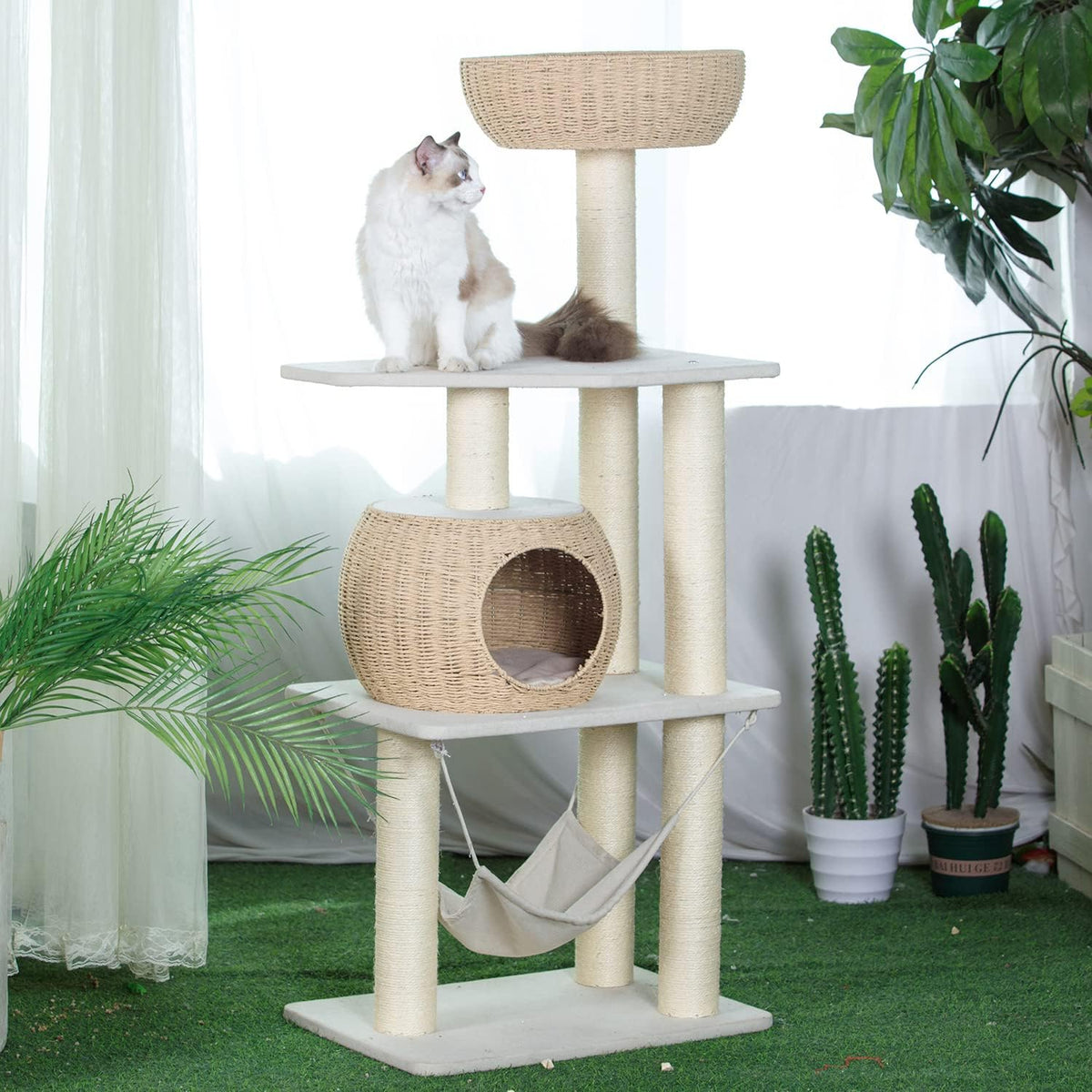 Wood Cat Tree for Indoor Cats, 52.4 Inch Tall, with Scratching Post and Hammock