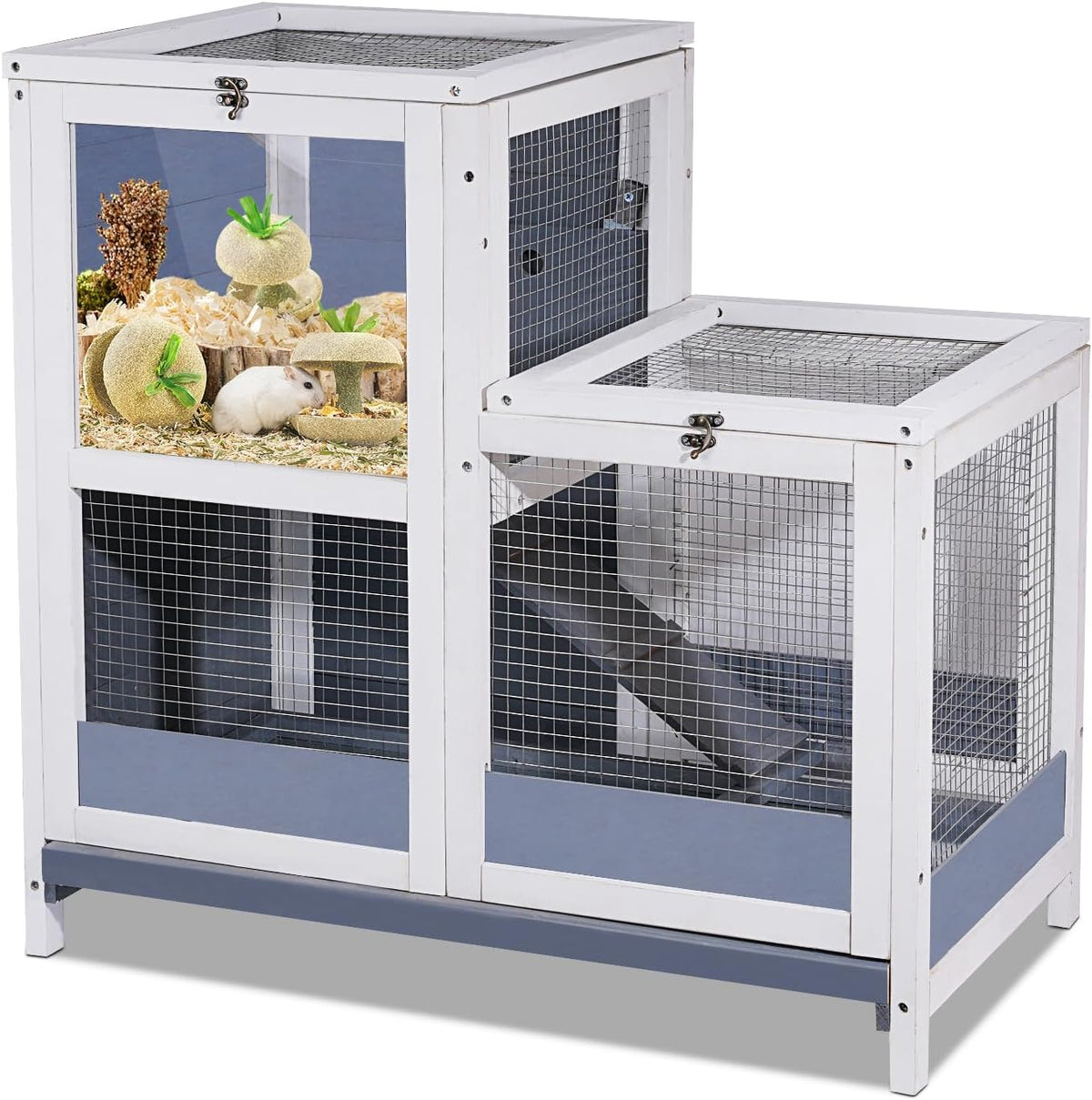 2-Story Guinea Pig Cages Wooden Indoor Rabbit Hutch Hamster Cage with Openable Roofs, Removable