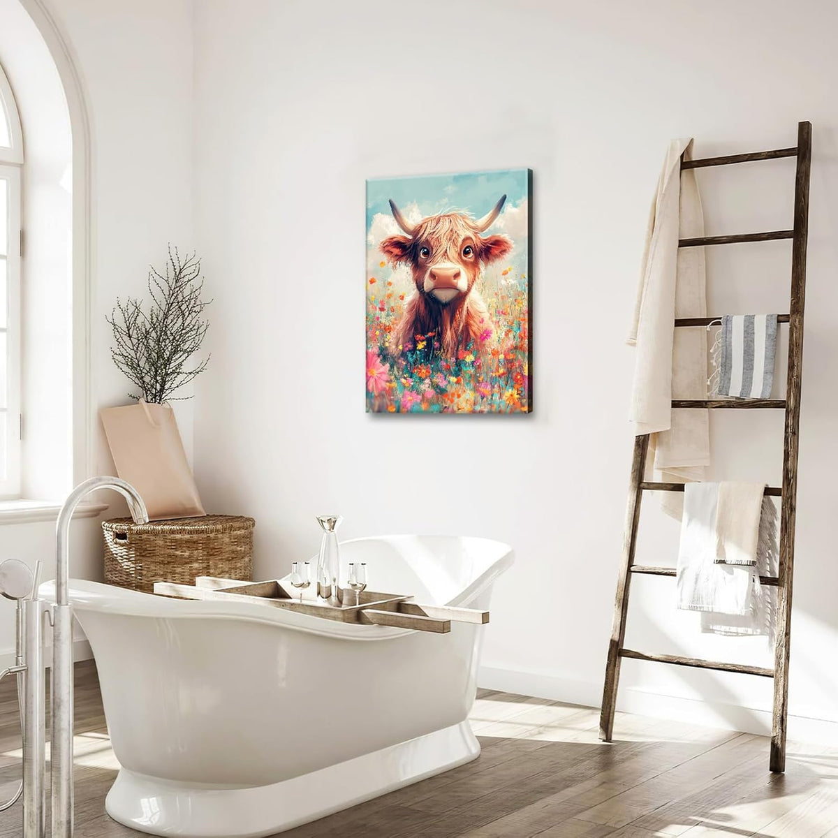 Highland Cow Wall Art Canvas Flower Cattle Wall Decor Prints Framed Painting Animal Pictures Gifts