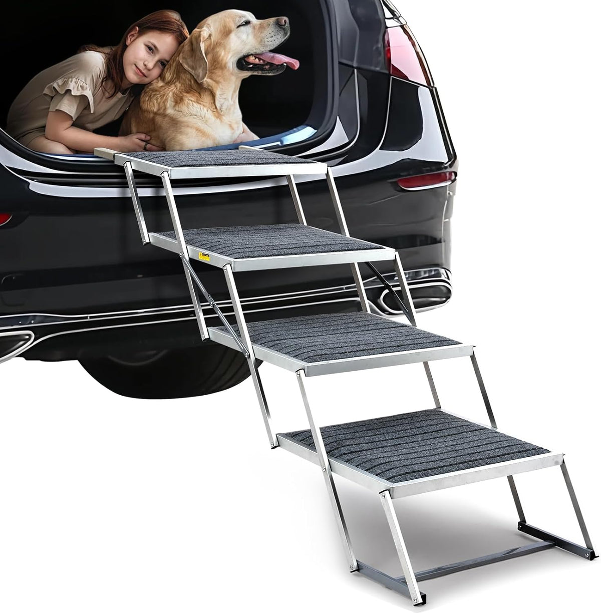 20" Extra Wide Dog Ramp, 4-Step Foldable Pet Stairs with Non-Slip Carpet - Lightweight Aluminum for