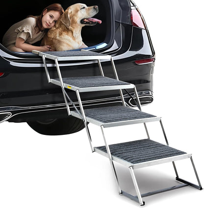 20" Extra Wide Dog Ramp, 4-Step Foldable Pet Stairs with Non-Slip Carpet - Lightweight Aluminum for
