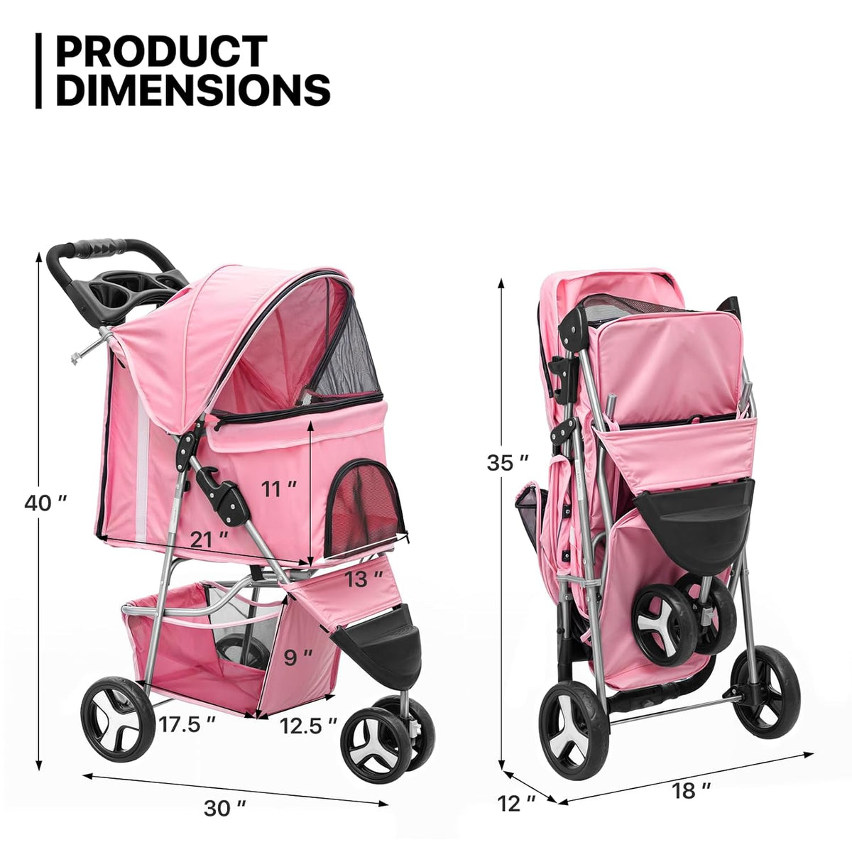 MoNiBloom 3-Wheels Foldable Pet Stroller with Waterproof Cover, Pet Strolling Cart for Small/Medium