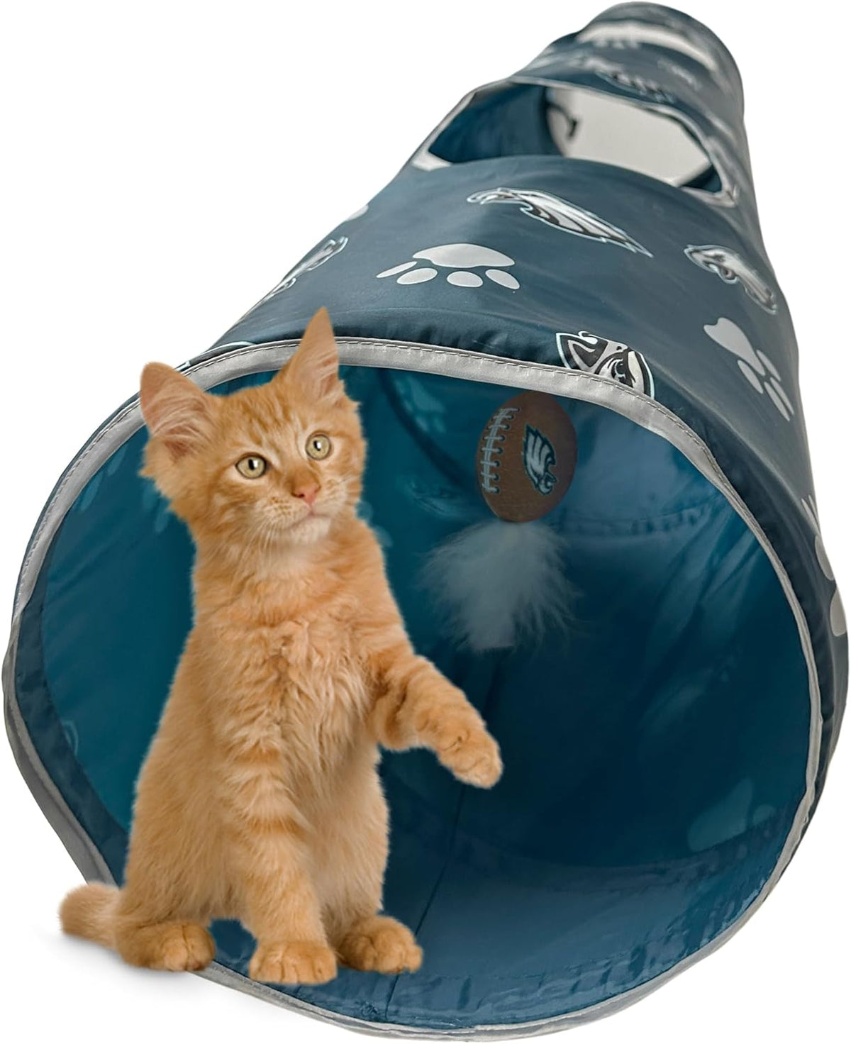 NFL Philadelphia Eagles Cat Tunnel Tube Toy with Plush Football Catnip and Feathers Collapsible