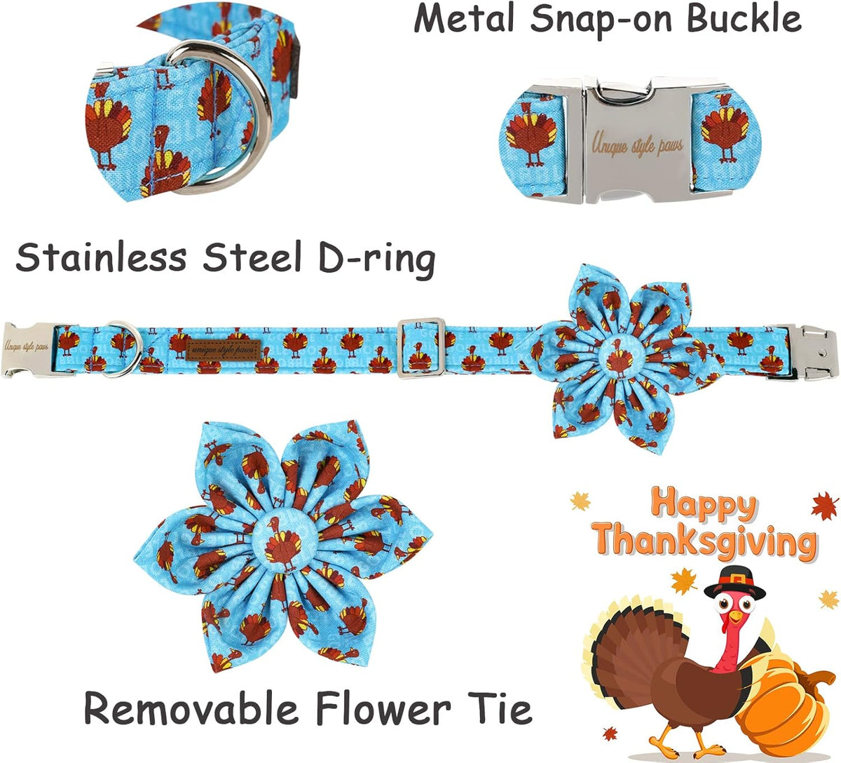 Unique style paws Thanksgiving Dog Collar with Flower Tie Autumn Turkey Theme Puppy Collar for