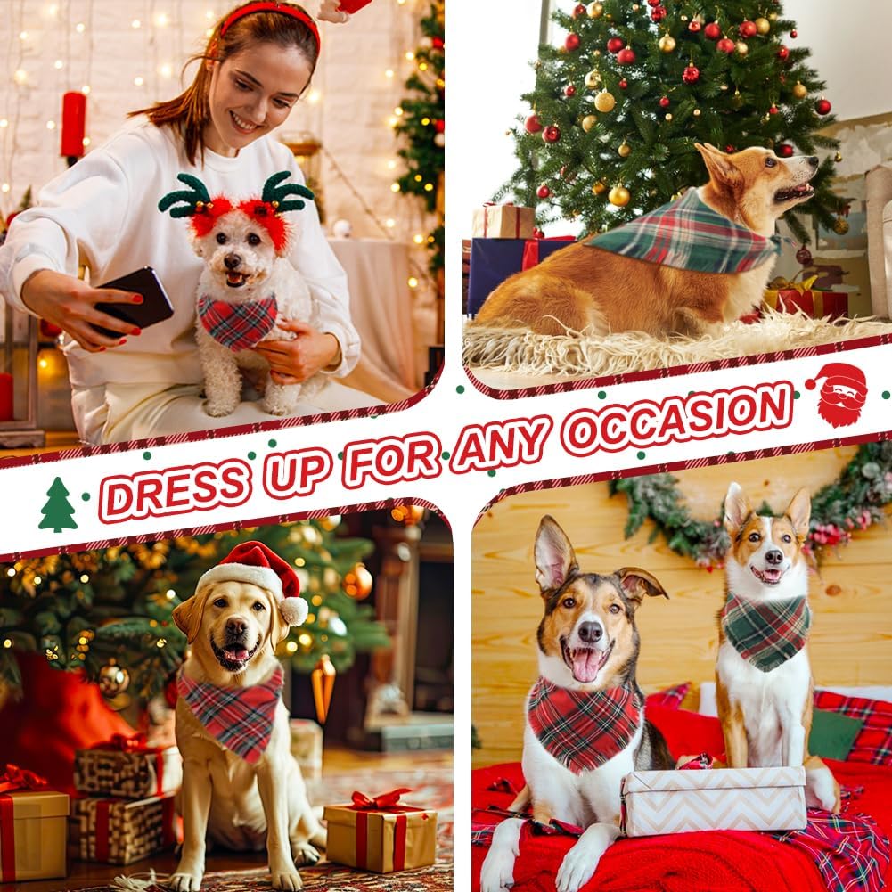 Vivifying Dog Christmas Bandana with Tassels Edges, 2 Pack Classic Plaid Triangle Dog Apparel &