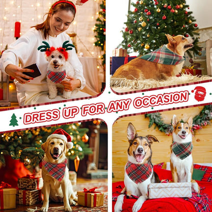 Vivifying Dog Christmas Bandana with Tassels Edges, 2 Pack Classic Plaid Triangle Dog Apparel &