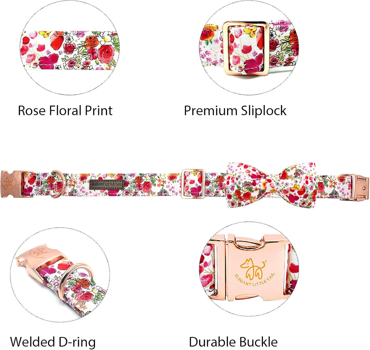 Elegant little tail Dog Collar, Pink Rose Print Pet Collar Summer Dog Collar Durable Metal Buckle