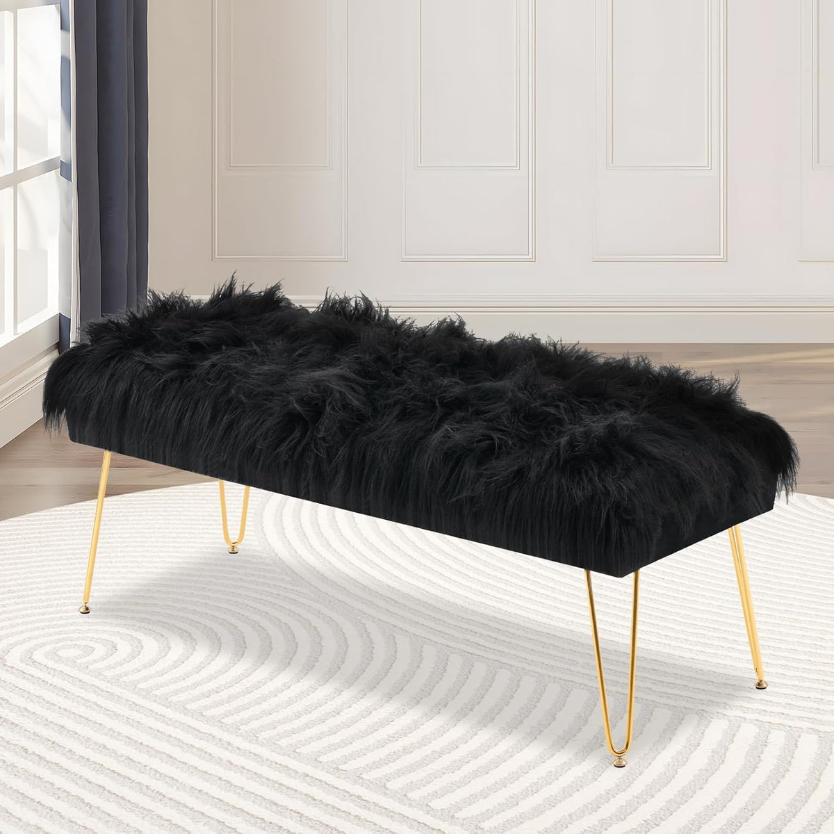42.5 Inch Black Bedroom Bench, Benches for Bedroom White Faux Fur Upholstered Bed end Bench
