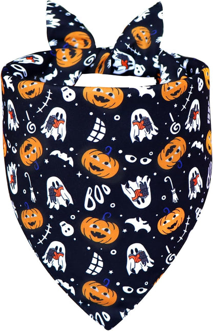 Halloween Dog Bandana for Small Dogs - Reversible Black Skull Pumpkin Print Scarf - Soft &