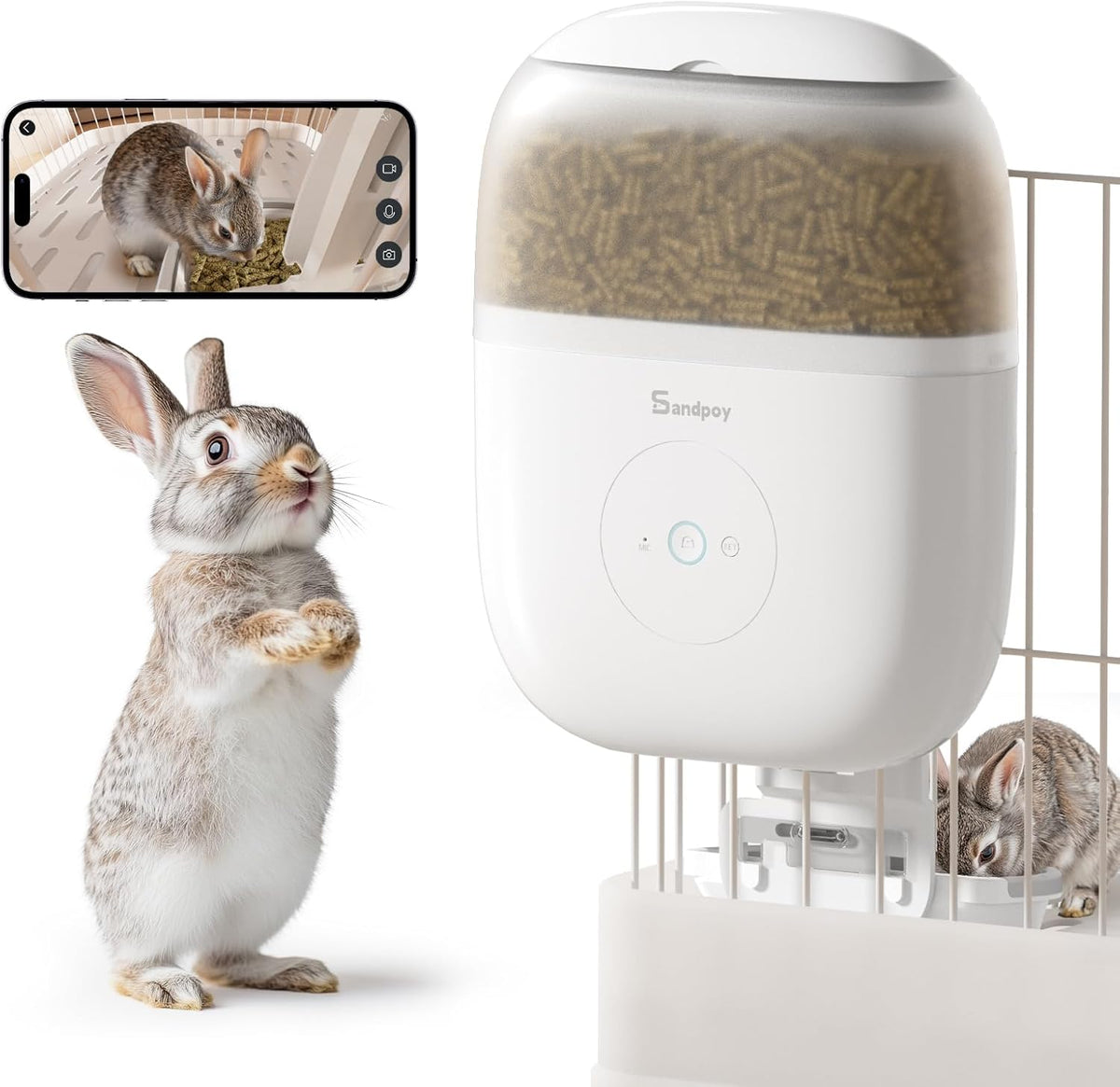 Hanging Automatic Rabbit Feeder with 1080P Camera, 62oz Storage, Multiple Pet Cage Compatibility