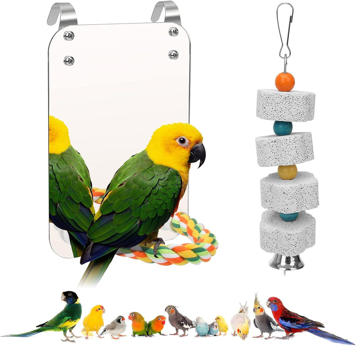 AHIER 7 Inch Bird Mirror with Rope Perch, Bird Toys Swing Parrot Grinding Stone with Bell for
