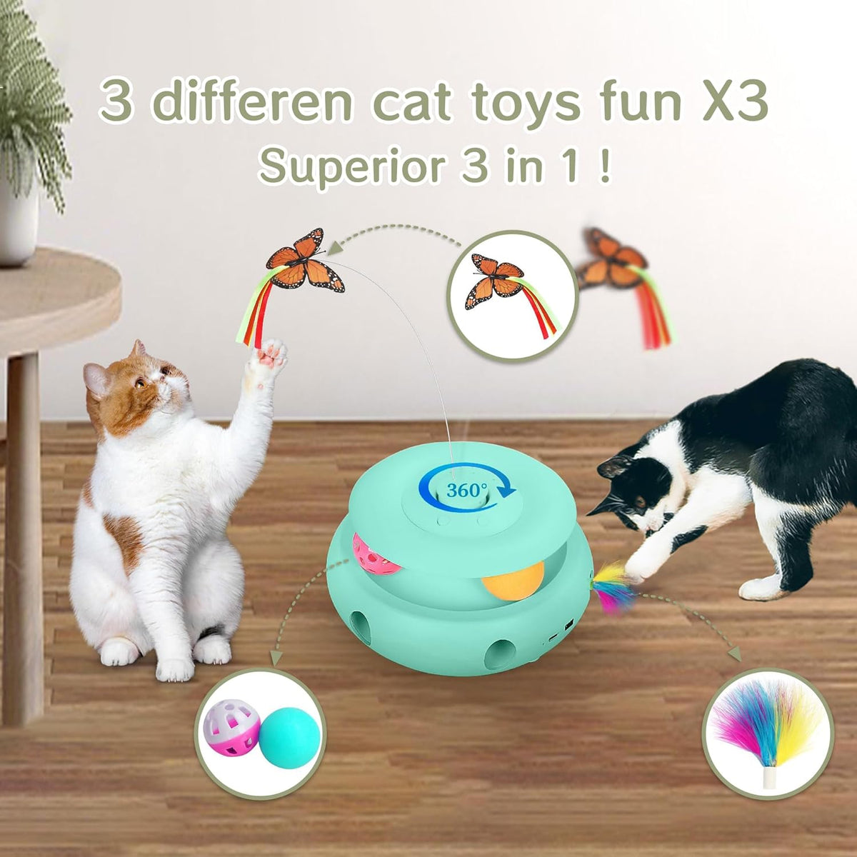 Cat Toys,3-in-1 Interactive Cat Toys for Indoor Cats,Rechargeable Automatic Interactive Cat Toy