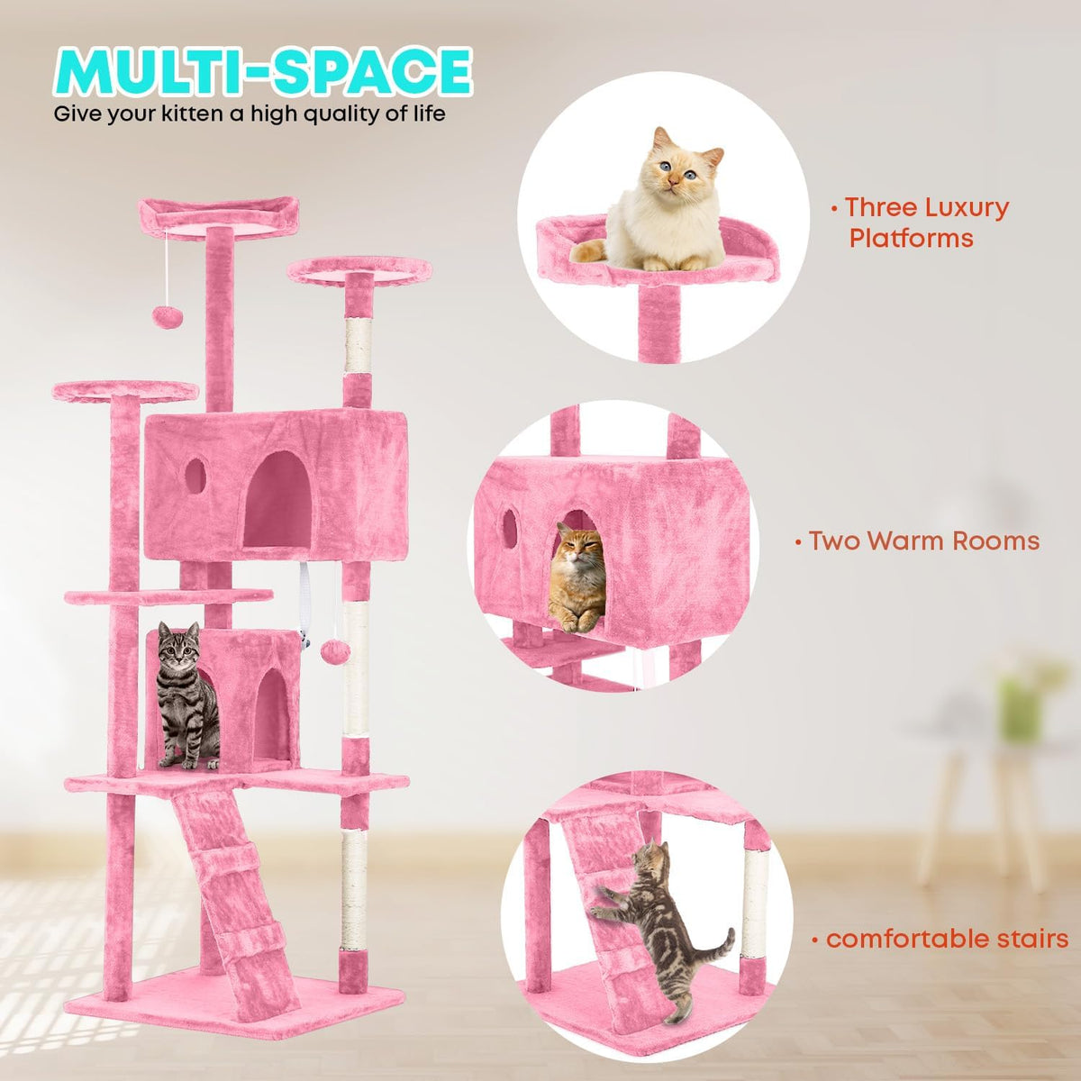 FDW Cat Tree 70in Cat Tower Multi-Level Durable Cat Scratching Post & Cozy Fun Cat Jumping Platform