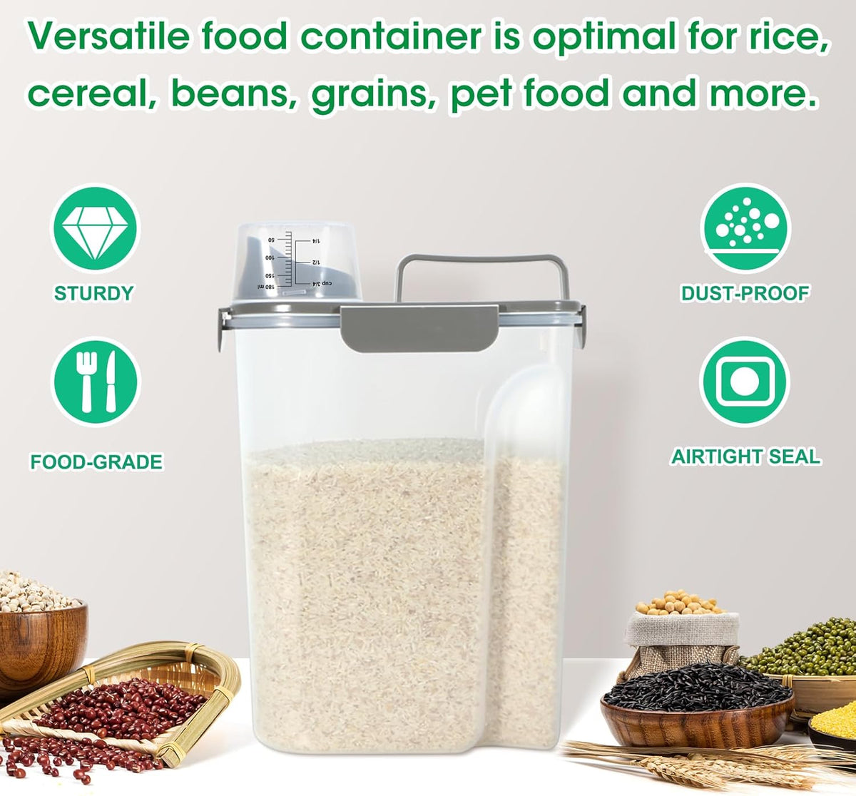 TBMax Airtight Rice Container 10 Lbs, Cereal Dispenser, Pet Cat Dog Food Storage Container, Plastic