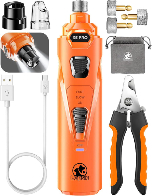 Dog Nail Grinder with 2 LED Lights Powerful 2 Speeds Super Quiet Dog Nail Trimmers with 3 Grinding