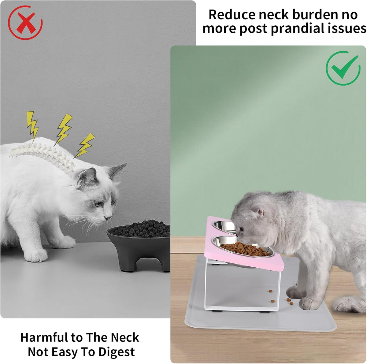 Upgraded Elevated Cat Bowls with Food Mat,15°Tilted Stand Anti Vomiting Raised Cat Dishes for Food