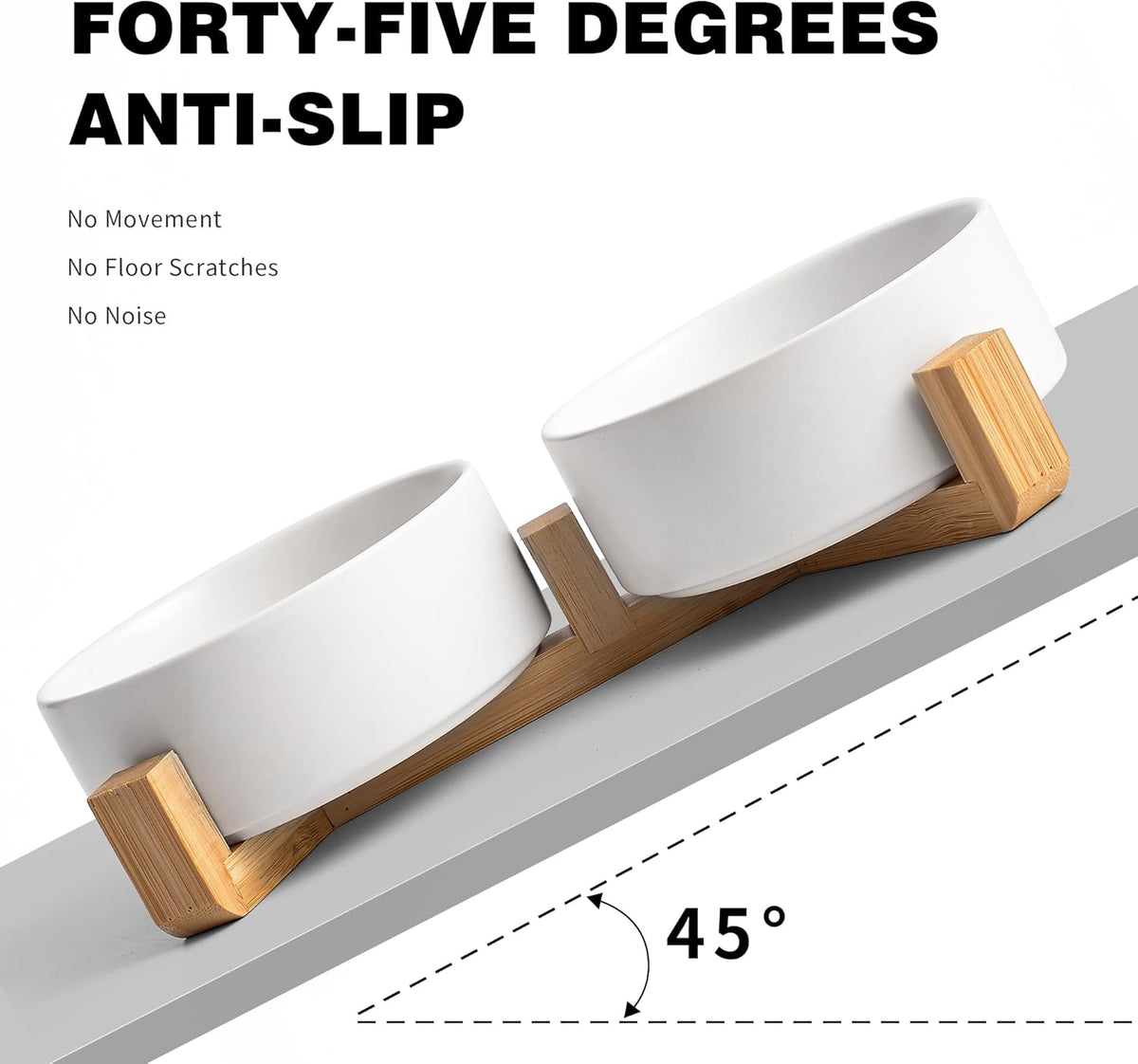 White Ceramic Dog & Cat Bowl Set – 13.5 OZ with Wooden Stand, Non-Slip, Elevated Design for Small