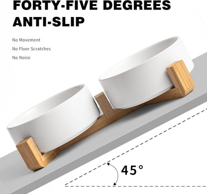 White Ceramic Dog & Cat Bowl Set – 13.5 OZ with Wooden Stand, Non-Slip, Elevated Design for Small
