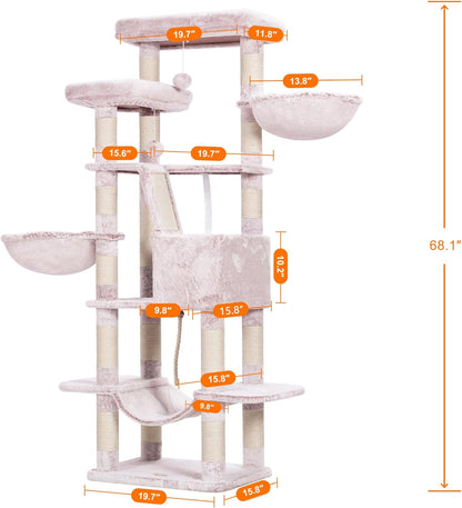 Heybly Cat Tree, 68 inch Multi-Level Cat Tower for Indoor Cats, 2 Widened Plush Perches Cat Condo