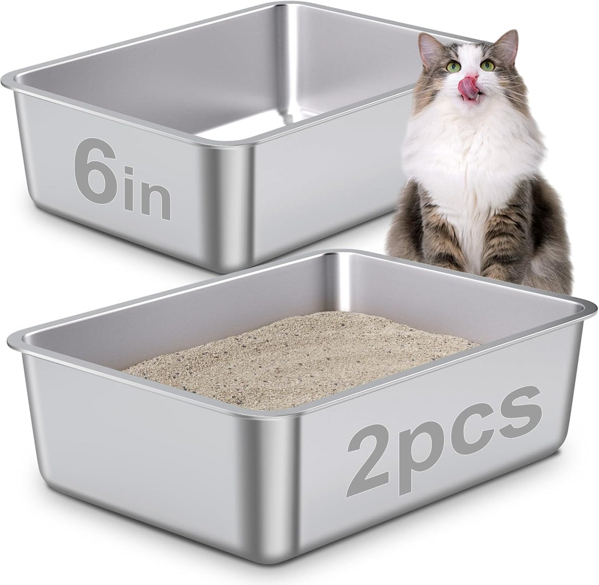 Stainless Steel Litter Box 2 Pack,Metal Litter Box for Cats Easy to Clean,Cat LitterBox for