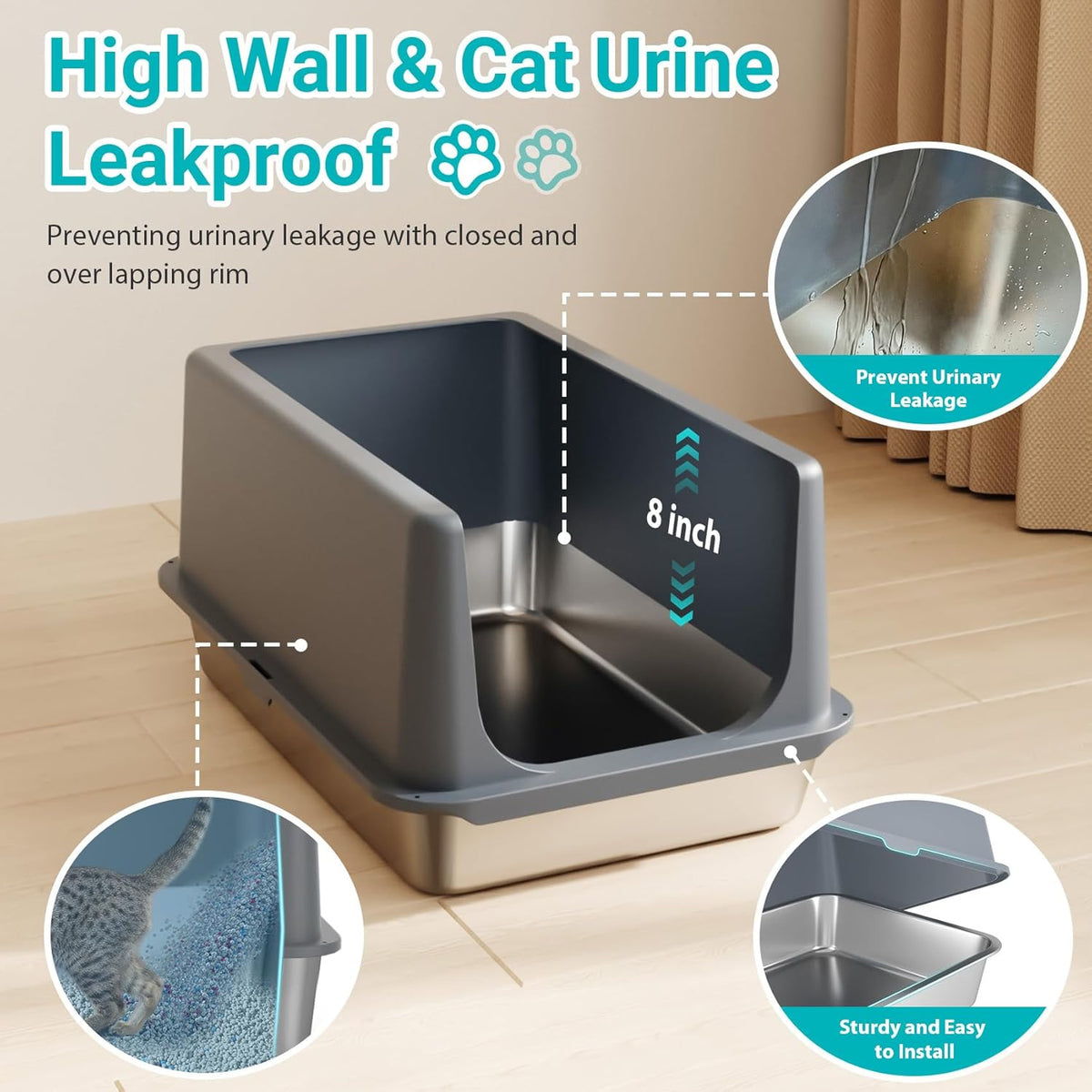 LIHONG Stainless Steel Litter Box with Lid, XL Metal Cat Litter Tray for Indoor Cats, Enclosure Cat