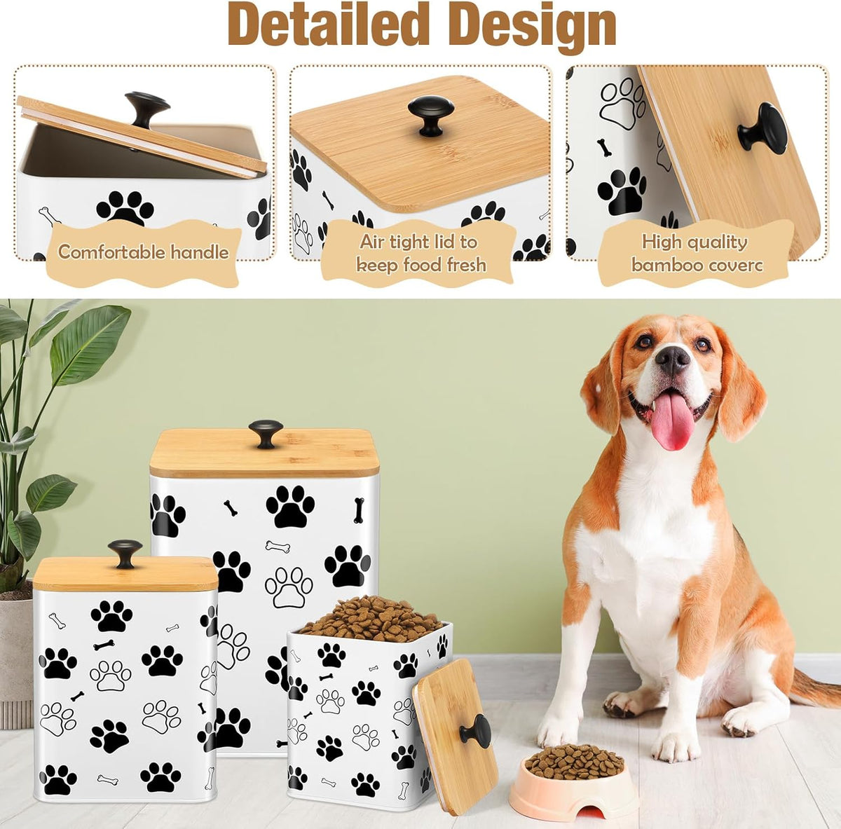 3 Pack Airtight Dog Food Containers with Bamboo Lids, Metal Dog Treat Jars Canisters for Kibble