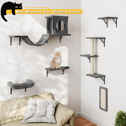 NUNU LAB Wall Mounted Cat Furniture, 6 Pcs Cat Wall Shelves with Condo House, Bridge, Steps