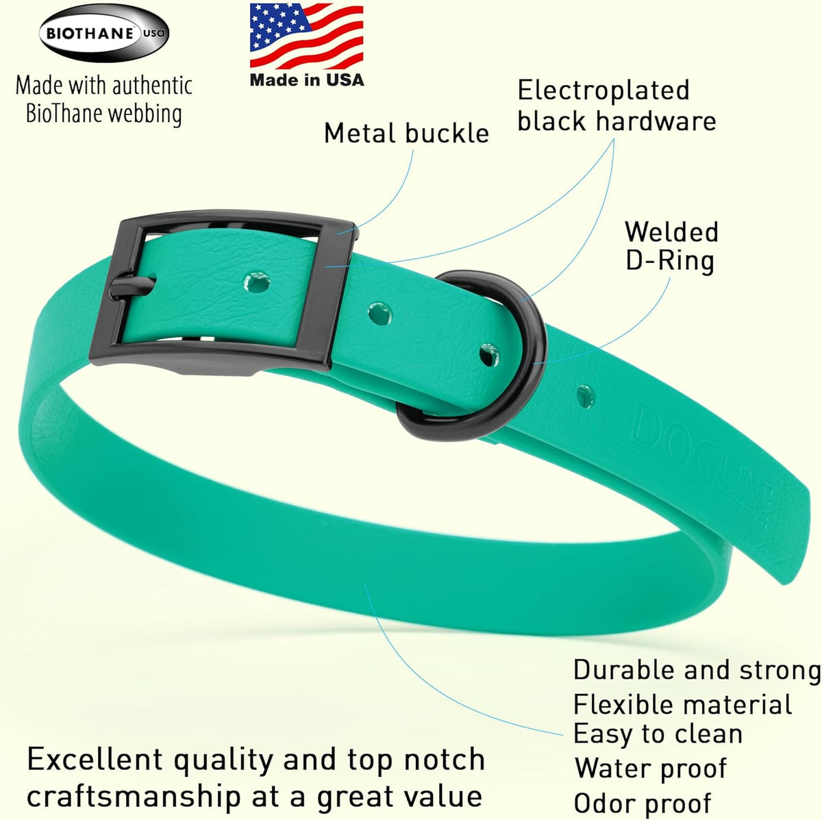 Dogline Biothane Waterproof Dog Collar Strong Coated Nylon Webbing with Black Hardware Odor- Proof