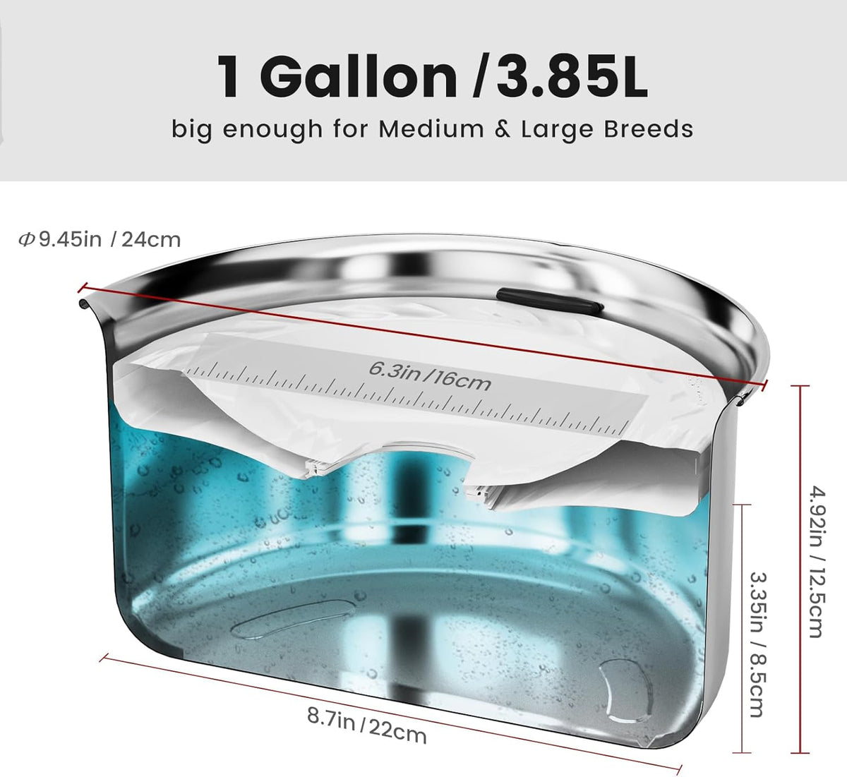 Gardner Pet Dog Bowls 1 Gallon (3.85L) Stainless Steel No Spill Dog Water Bowl, Slow Water Feeder