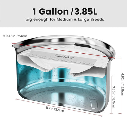 Gardner Pet Dog Bowls 1 Gallon (3.85L) Stainless Steel No Spill Dog Water Bowl, Slow Water Feeder