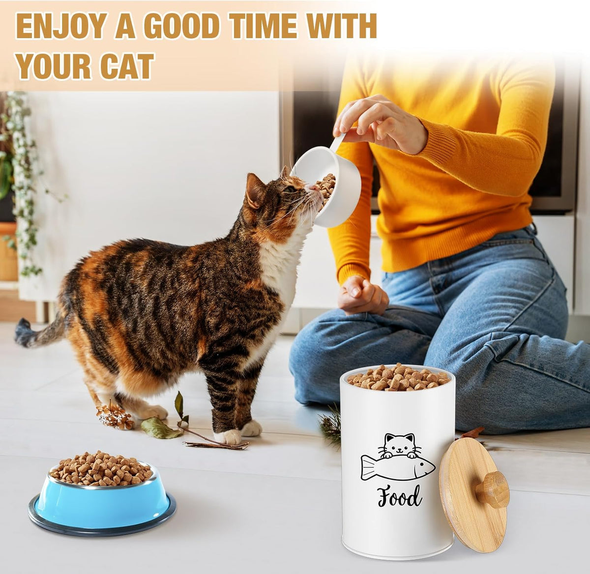 Metal Airtight Cat Treat Container Set of 3 with Bamboo Lids and Spoon Cat Food Storage Container
