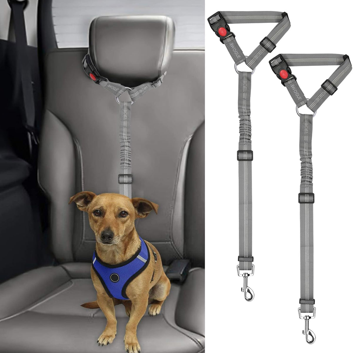BWOGUE 2 Packs Dog Cat Safety Seat Belt Strap Car Headrest Restraint Adjustable Nylon Fabric Dog