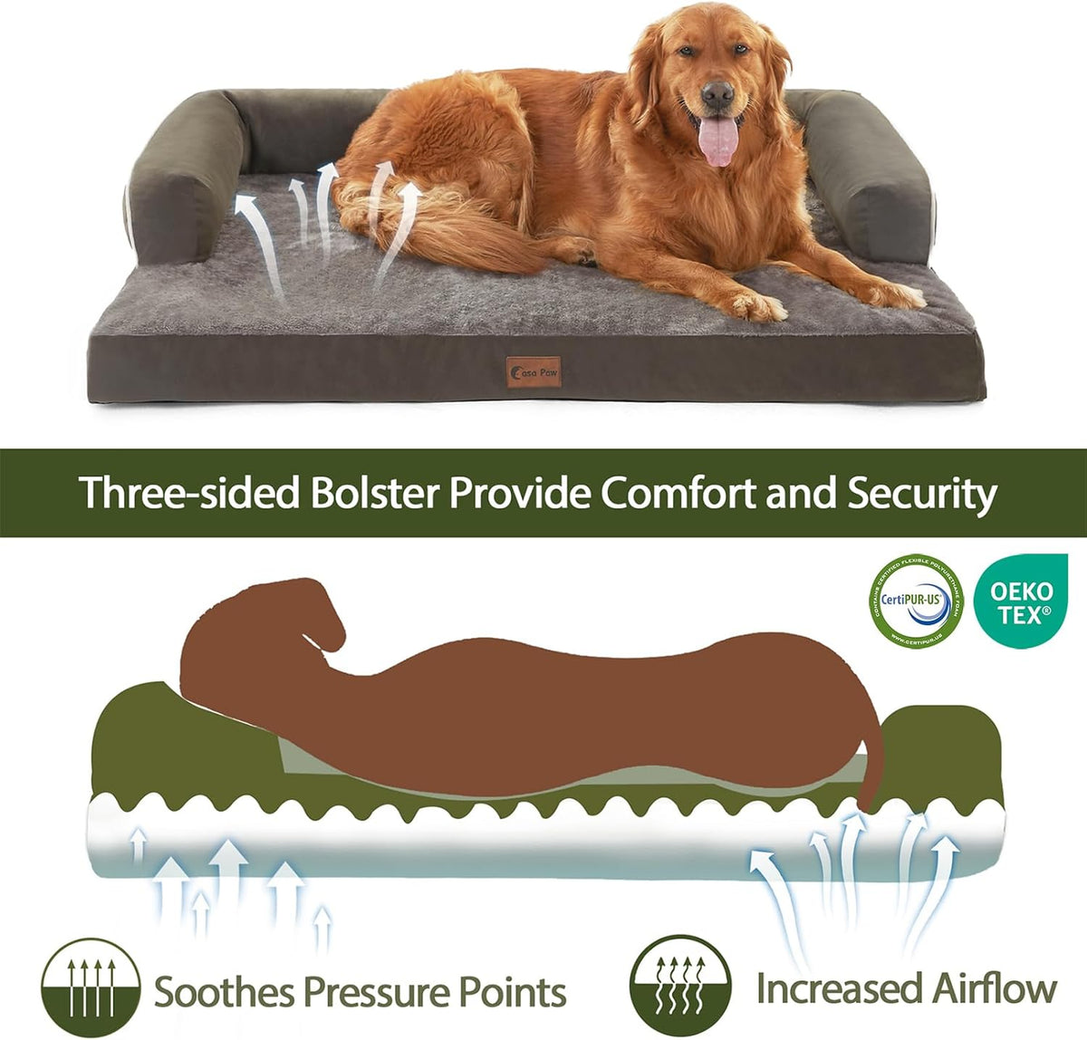 Waterproof Orthopedic Dog Beds Large, Egg-Crate Foam Dog Couch, Comfy Bolster Pet Bed with