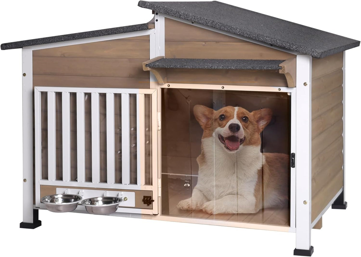 GUTINNEEN Dog House Outdoor with Anti-Chewing Metal Frame, Wooden Dog Kennel with 360° Rotating