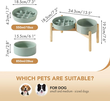 Ceramic Raised Slow Feeder Dog Bowl Set, Elevated 6.1inch Bowl and 7.3inch Slow Pet Food Dish with