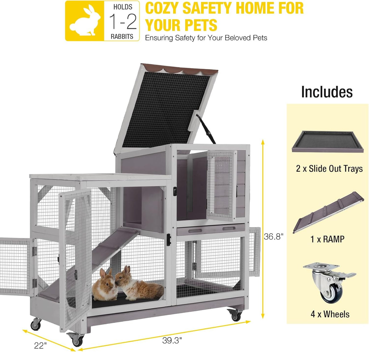 AIVITUVIN 2-Story Rabbit Hutch Indoor for 2-4 Rabbits & Guinea Pigs Wooden Small Animal Cage Guinea