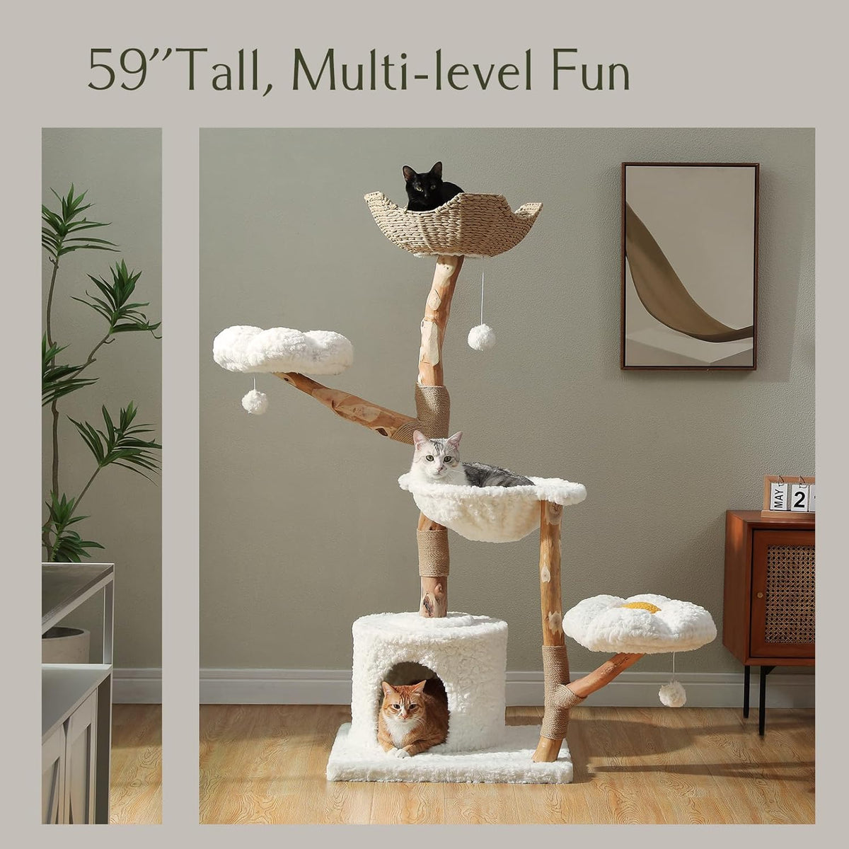 PAWZ Road Cat Tree for Indoor Cats Large Adults, 59 Inches Modern Cat Tower with Large Basket and