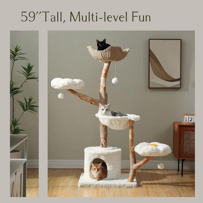 PAWZ Road Cat Tree for Indoor Cats Large Adults, 59 Inches Modern Cat Tower with Large Basket and