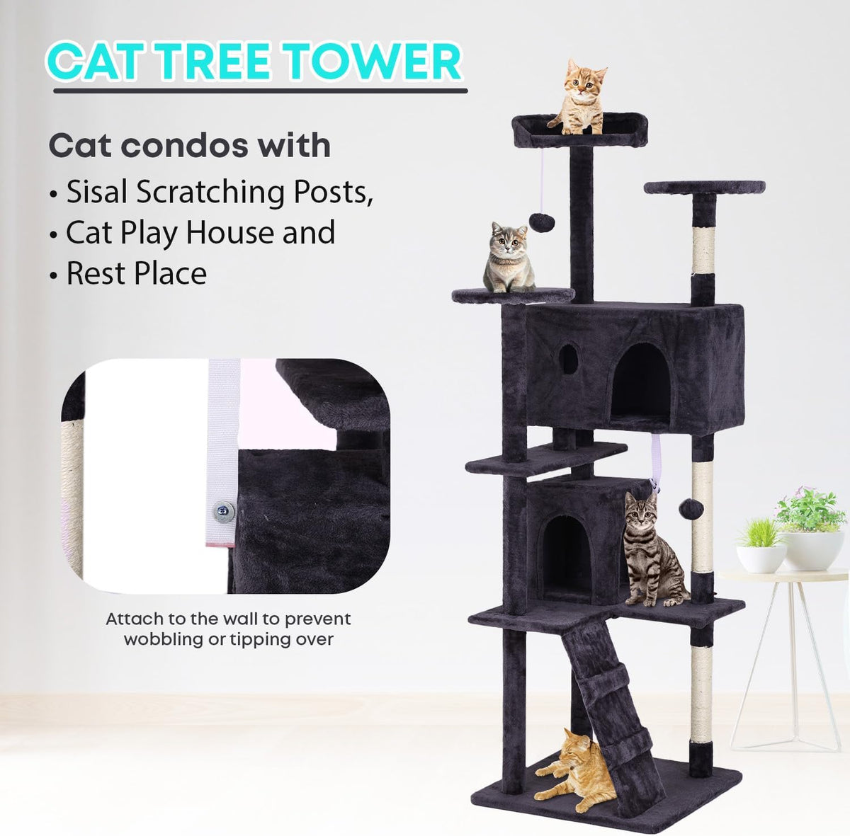FDW Cat Tree 70in Cat Tower Multi-Level Durable Cat Scratching Post & Cozy Fun Cat Jumping Platform