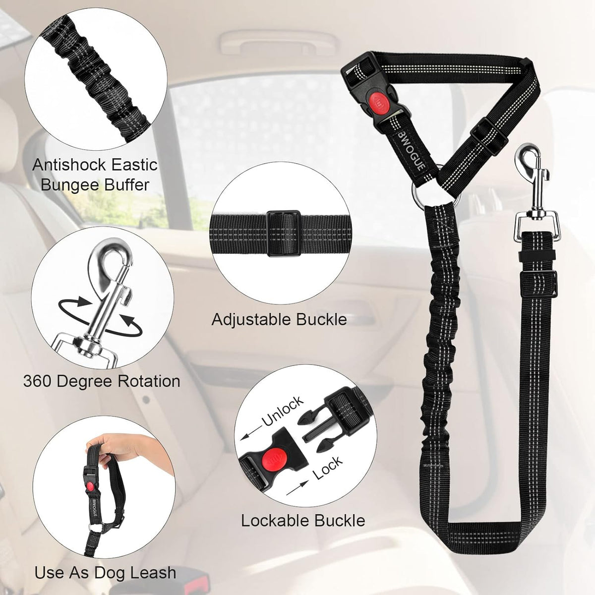 BWOGUE Pet Dog Cat Seat Belts, Car Headrest Restraint Adjustable Safety Leads Vehicle Seatbelt