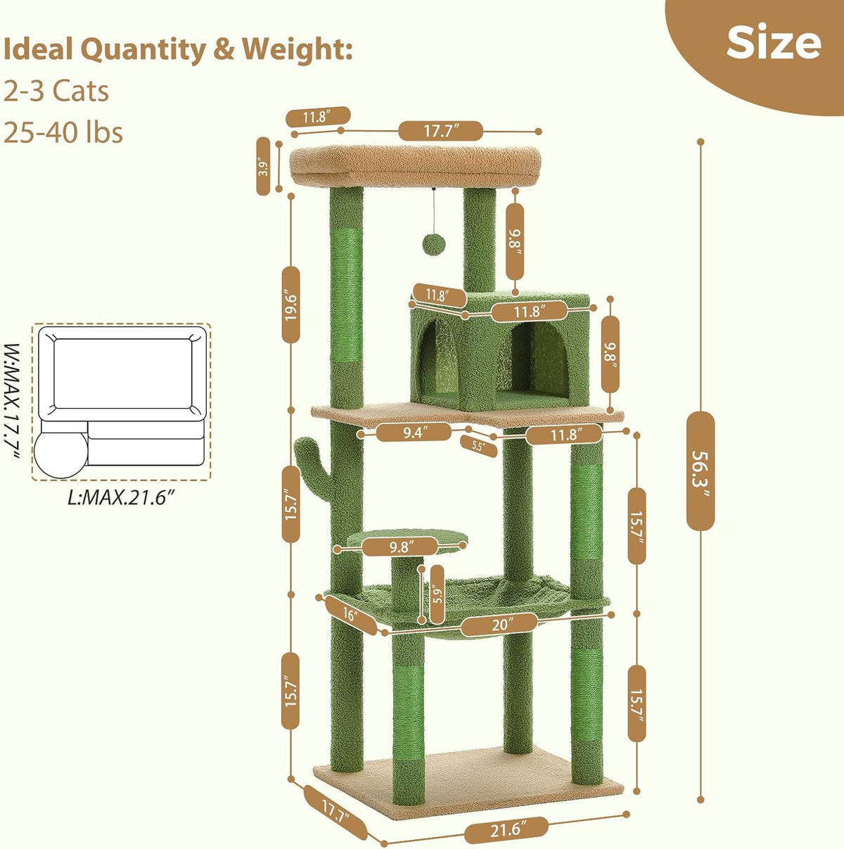 PETEPELA 56.3'' Tall Cat Tree for Indoor Cats, Cactus Cat Tower with Super Large Hammock