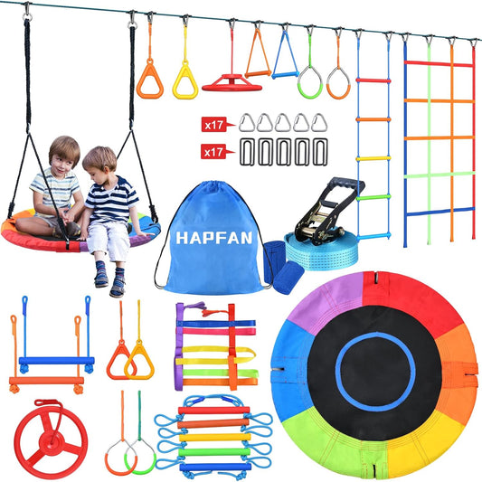 Hapfan 50 FT Ninja Warrior Obstacle Course Swing Set for Kids with Weather-Proof Accessories