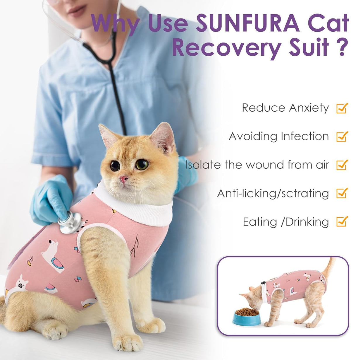 SUNFURA Cat Recovery Suit, Kitten Surgical Full Bodysuit for Abdominal Wound Protector Anti Licking