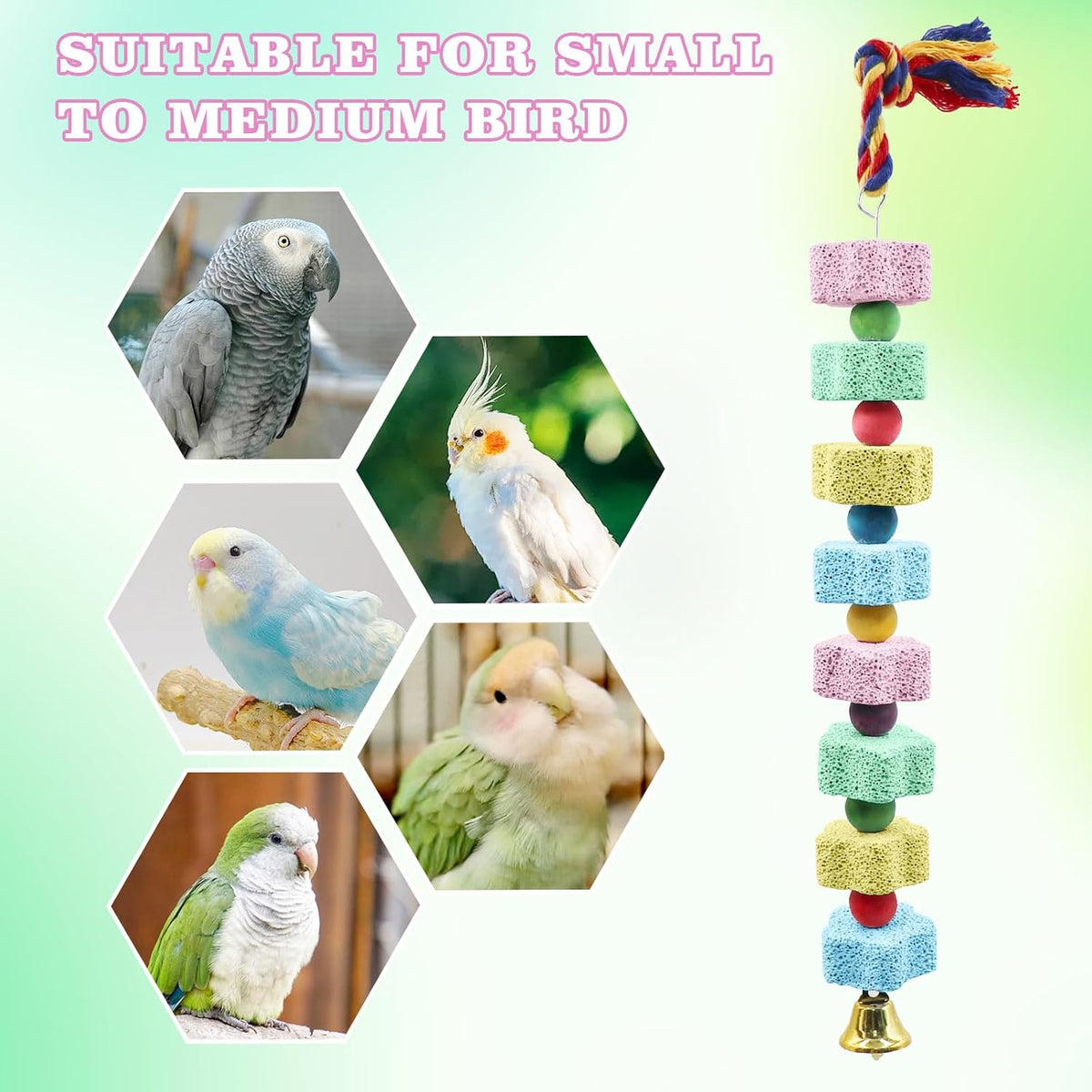 2 Pack Mineral Block Chew Toys with Colorful Beads and a Bell, Bird Beak Grinding Stone, Cage