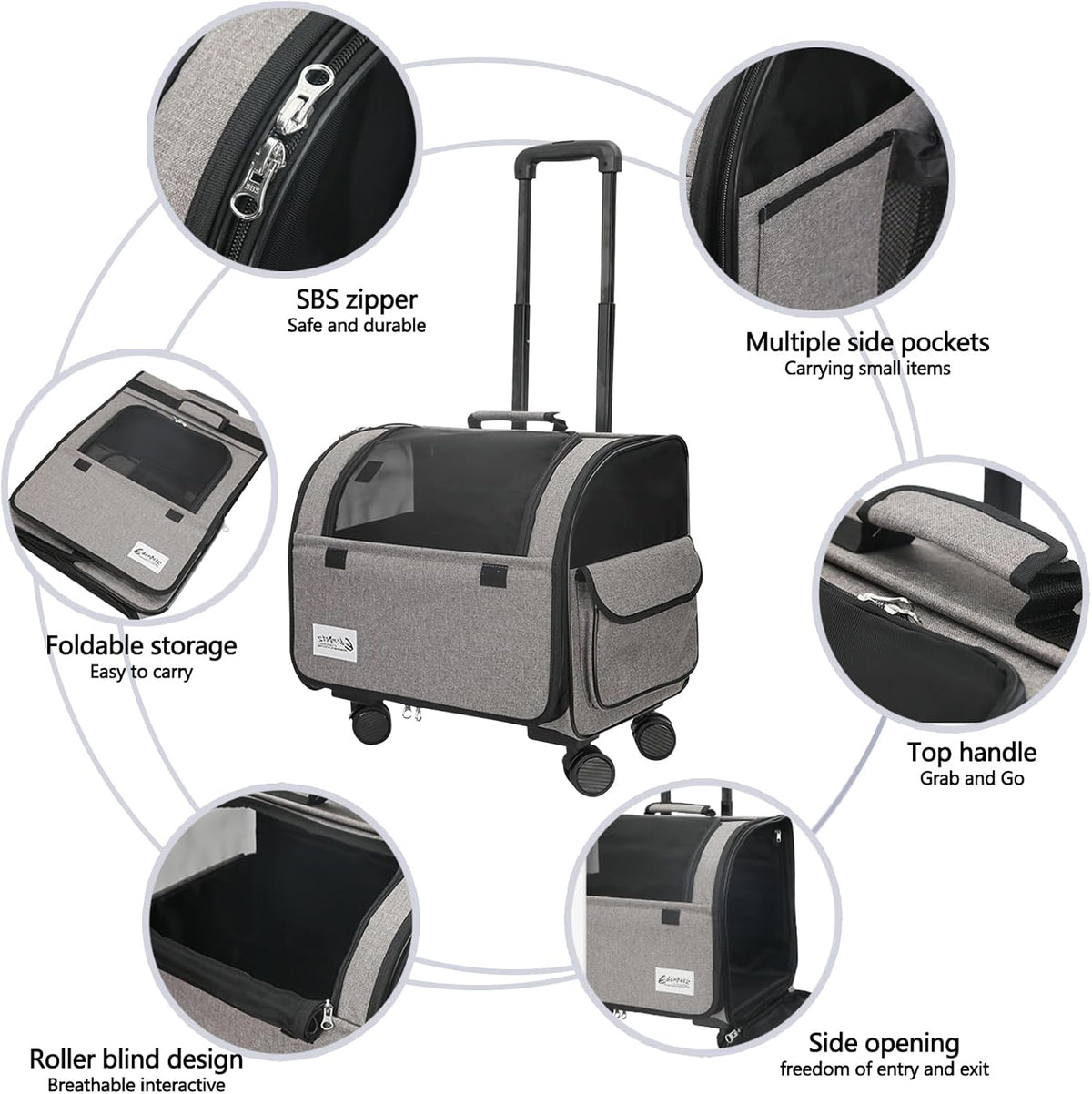 Dog Travel Bag with Removable Rolling Wheels, Airline Approved Pet Carrier, Foldable Cat Bag with