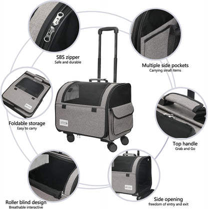Dog Travel Bag with Removable Rolling Wheels, Airline Approved Pet Carrier, Foldable Cat Bag with