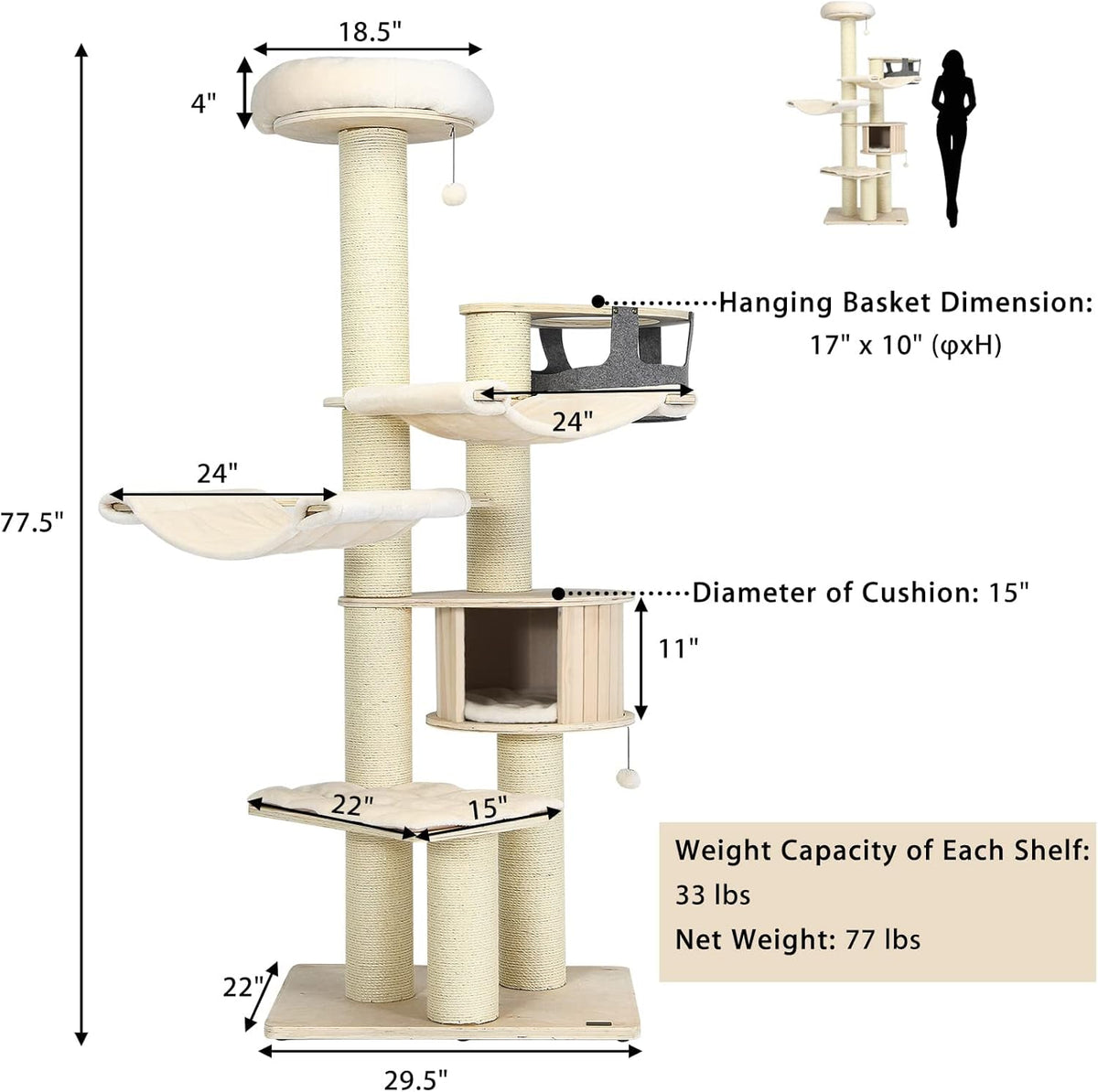 Tangkula Large Cat Tree, Multi-Level Tall Cat Tower with Sisal Scratching Posts, Hammocks, Hanging