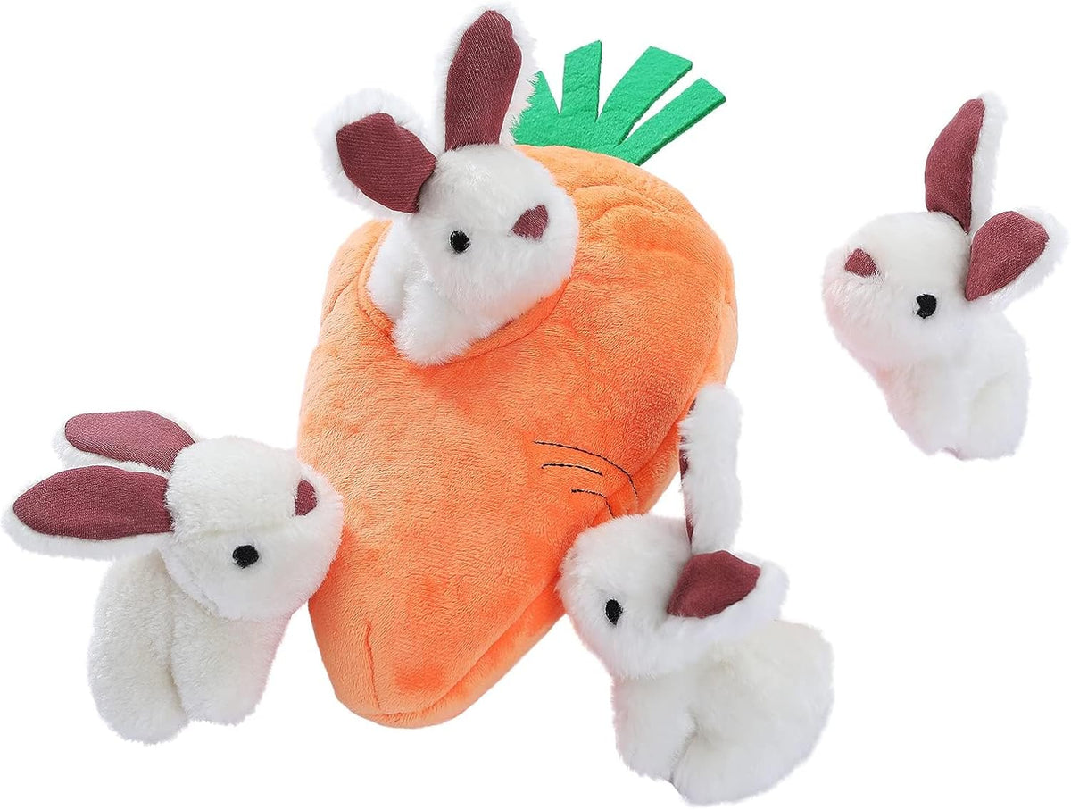 Amazon Basics Interactive Hide and Seek Squeaky Dog Plush Toy, Rabbit and Carrot, Orange and White