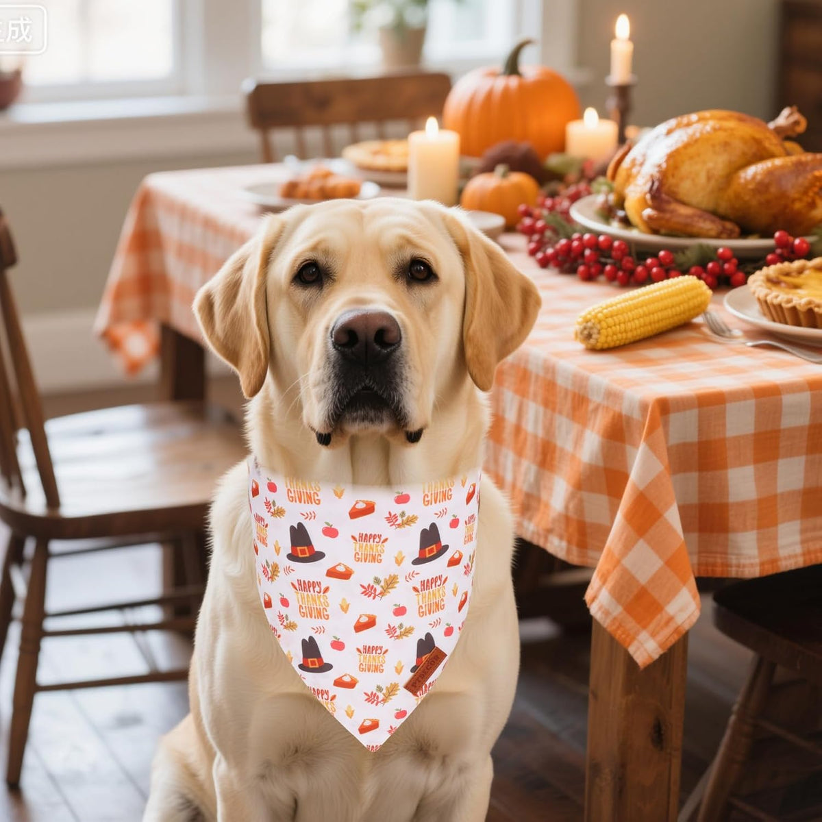 PTDECOR Thanksgiving Fall Dog Bandanas, Orange White Reversible Holiday Pet Scarf, Happy