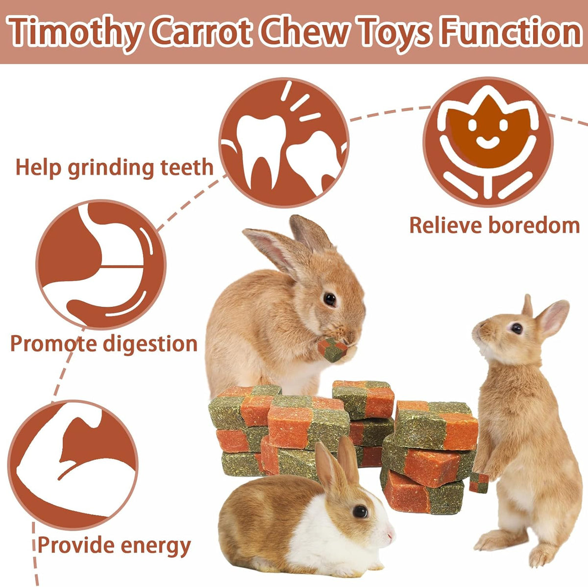 Fhiny 12 PCS Rabbit Carrots Chew Toys, Natural Timothy Hay Biscuit Cubes Rabbit Carrot Molar Treats